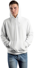 Wall Mural - Mockup white hoodie on a guy in jeans, png, stylish sweatshirt with a hood, isolated.