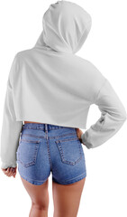 Wall Mural - Mockup of a white crop top on a girl in shorts, png, stylish sweatshirt with a hood, isolated.