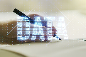 Wall Mural - creative data word hologram and man hand writing in notebook on background, big data and blockchain 