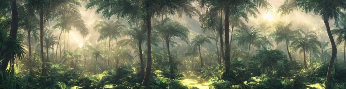 Fototapete - Beautiful magical palm, fabulous trees. Palm Forest jungle landscape, sun rays illuminate the leaves and branches of trees. Magical summer. 3d illustration