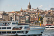 Maritime traffic. Bosphorus strait in Istanbul. Galata tower. Turkey