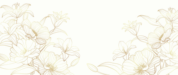 Wall Mural - Luxury floral botanical on white background vector. Elegant gold line wallpaper lily, flowers, leaves, foliage, branches in hand drawn. Golden blossom frame design for wedding, invitation.