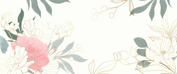 Wall Mural - Luxury floral botanical on white background vector. Elegant gold line wallpaper lily, roses, leaves, foliage, branches in hand drawn. Watercolor flower blossom frame design for wedding, invitation.