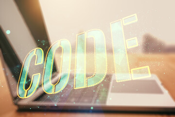 Wall Mural - creative code word hologram on modern computer background, artificial intelligence and neural networ