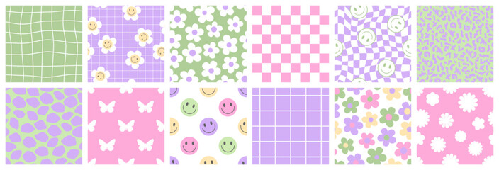 y2k seamless patterns with butterfly, daisy, wave, chess, mesh, smile. set of vector backgrounds in 
