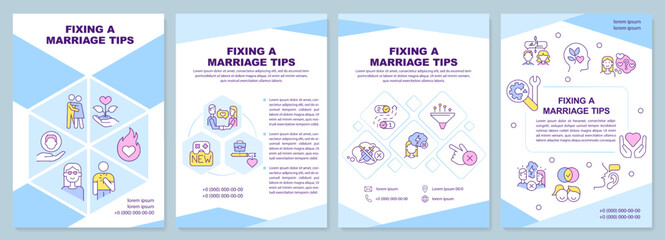 Fixing marriage tips blue brochure template. Renew old love. Leaflet design with linear icons. Editable 4 vector layouts for presentation, annual reports. Arial-Black, Myriad Pro-Regular fonts used