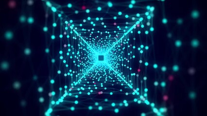 Wall Mural - abstract 3d portal. square tunnel or wormhole. digital background with connected blue dots and lines