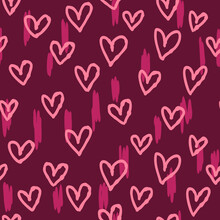 Hand Drawn Abstract Hearts, Red Scribble Seamless Pattern. Cute Line Doodle For Paper, Fabric Textile, Baby.