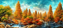 Imaginative Evergreen Forest Turned Into An Autumn Fall Color Wonderland Of Red, Warm Orange And Sunny Yellow Colors. Tranquil Woodland And Peaceful Outdoor Nature Art - Oil Pastel Stylized.