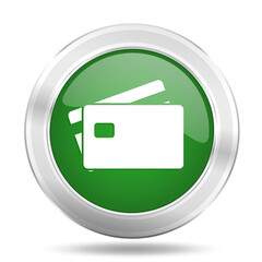 Poster - Credit card, business concept green web button, silver metallic money vector icon isolated on white background