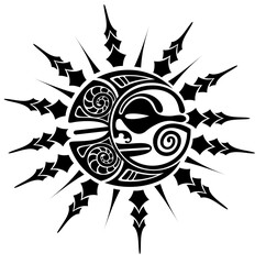 Wall Mural - Sun and moon maori style tattoo sketch. Round tribal ornament.. Vector illustration