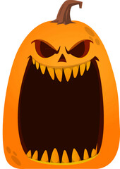 Wall Mural - Halloween pumpkin head with scary face expression. Vector cartoon illustration of glowing jack-o-lantern monster character design with carved emotion isolated on the black background.