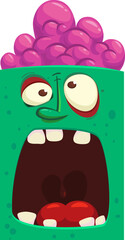 Cartoon angry zombie face avatar. Halloween vector illustration of funny zombie moaning with wide open mouth full of teeth. Great for decoration or package design.