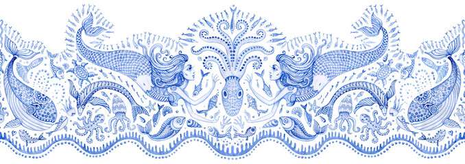 Seamless border pattern of blue watercolor fairy tale sea animals and mermaid. Fantasy fish, octopus, coral, sea shells, bubbles, isolated on a transparent background