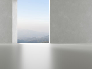 Fototapete - 3d render of empty concrete room with large wall structure on mountain background.