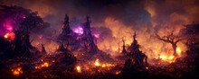 Magical Burning Forest With Purple And Orange Fire. Fantasy Concept Art Illustration.