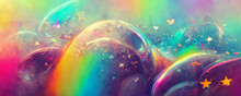 Shiny And Glowing Iridescent And Holographic Rainbow With Sparkle And Star. Colorful Graphic Background.
