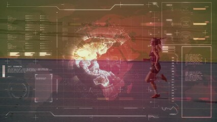 Wall Mural - Animation of interface with data processing over female athletes running on sports field