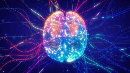 Digital brain connections spreading out. Artificial intelligence (AI) and neural network concept. Brain connectome and neural connections mapping concept
