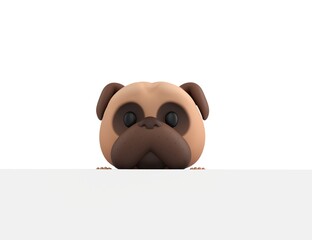 Poster - Little Pug character standing behind the big white blank banner  in 3d rendering.