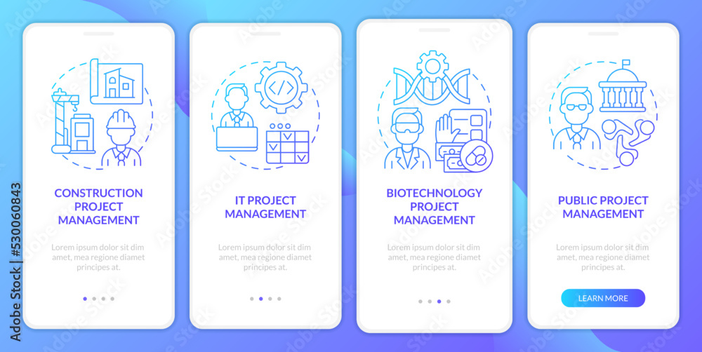 Project management types blue gradient onboarding mobile app screen ...