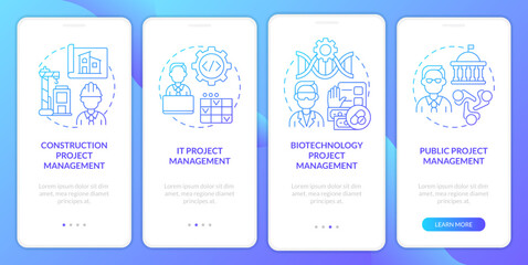 Project management types blue gradient onboarding mobile app screen. Industries walkthrough 4 steps graphic instructions with linear concepts. UI, UX, GUI template. Myriad Pro-Bold, Regular fonts used