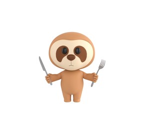 Sticker - Little Sloth character holding cutlery in 3d rendering.