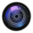 © Cobalt - Camera photo lens icon with shutter isolated, 3D technology symbol illustration.