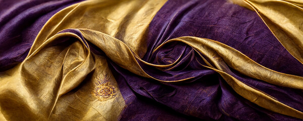 abstract purple and gold silk drapery with wave and fold.texture background cgi render illustration