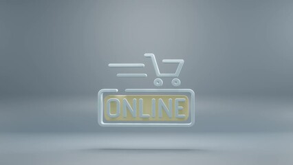 Aufkleber - Beautiful abstract Online Shopping cart with yellow light symbol icons on a blue background. 3d rendering illustration. Background pattern for design. Online Shopping. Loops video.