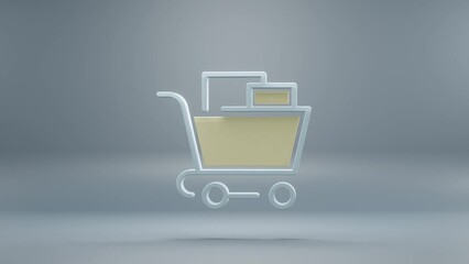 Aufkleber - Beautiful abstract Shopping Cart with yellow light symbol icons on a blue background. 3d rendering illustration. Background pattern for design. Online Shopping. Loops video.