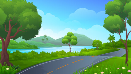 Lakeside asphalt road with beautiful lake or sea, trees and mountain landscape vector illustration