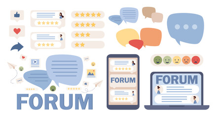 Wall Mural - Online forum icon set. Communication, dialogue, internet chat, social media, networking, group community. Vector flat illustration 