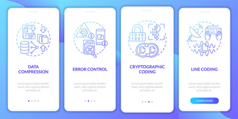 Types of coding blue gradient onboarding mobile app screen. System walkthrough 5 steps graphic instructions pages with linear concepts. UI, UX, GUI template