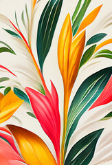 Poster - Creative backdrop of abstract, bright style flowers and tropical leaves. Watercolor painting. Floral background. 3D illustration.