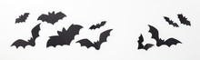 Halloween Decoration Concept - Black Paper Bats And Scary Trees Shadows Background, Banner