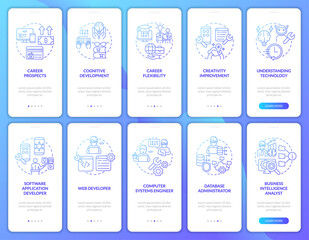 Coding concepts blue gradient onboarding mobile app screen set. Developer walkthrough 5 steps graphic instructions pages with linear concepts. UI, UX, GUI template