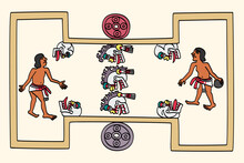 Aztec Players Play A Rubber Ball Game. The Mesoamerican Ballgame Is A 3600 Years Old Sport With Ritual Associations, Played By Pre Columbian People And As Ulama Still Played By Indigenous Populations.