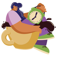 A Sleepy Woman Sits In A Big Cup Of Coffee And Holding Her Hands A Big Clock. Caricature, Metaphor Of A Hard Morning