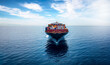 Front view of a big container cargo ship travelling over the ocean with copy space