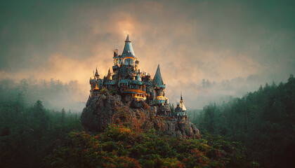 Wall Mural - Old fairy tale castle on rock in forest as illustration