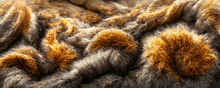 Closeup Of Fur Rug On White Background. Textile Texture CGI Render Background.