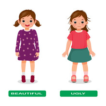 Opposite adjective antonym words beautiful and ugly illustration of pretty little girl with tied hair and messy hair with scar face