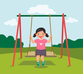 Poster - cute little girl swinging and having fun on rope wooden swing in playground