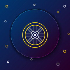 Sticker - Line Old wooden wheel icon isolated on blue background. Colorful outline concept. Vector