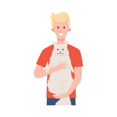 Wall Mural - Happy blonde young man in red t-shirt holding smiling fluffy cat flat style