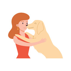 Wall Mural - Happy big dog put paws on smiling girl shoulders, hug flat style