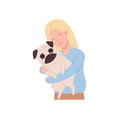 Wall Mural - Woman or young girl hugging pug dog flat cartoon vector illustration isolated.