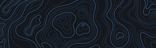 Topographic Map. Vector Illustration Of Topographic Panoramic Map Lines And Contours. Terrain Path Isolated On A Black Background. Geography Scheme. Line Mountain Relief For Website Template, Banner