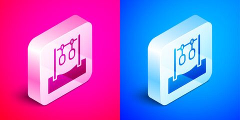 Sticker - Isometric Gymnastic rings icon isolated on pink and blue background. Playground equipment with hanging rope with rings. Silver square button. Vector